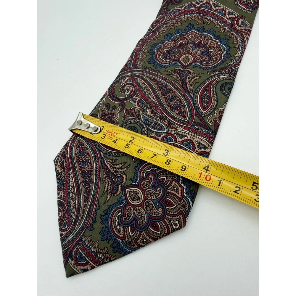 Christian Dior Monsieur Silk Tie Olive Green Burgundy Blue Paisley Made in USA